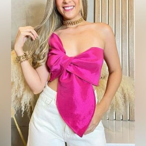 Pink Women's Sleeveless Crop Tube Top One Strapless Bow Twist Tie Front One Size - Picture 1 of 4